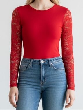 Lace Sleeved Body Suit Pit To Pit 17" L 20" Sz Med